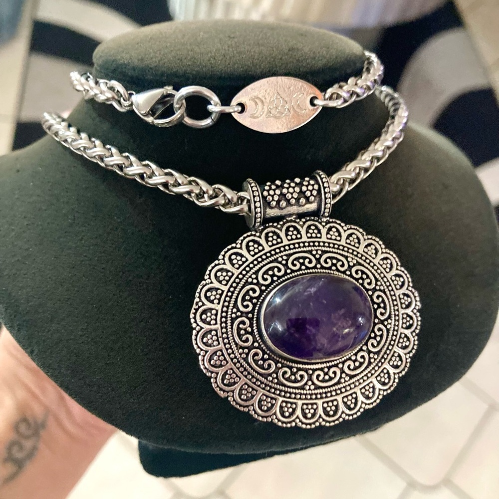 Purple amethyst gemstone boho round boho mandala design on thick wheat necklace